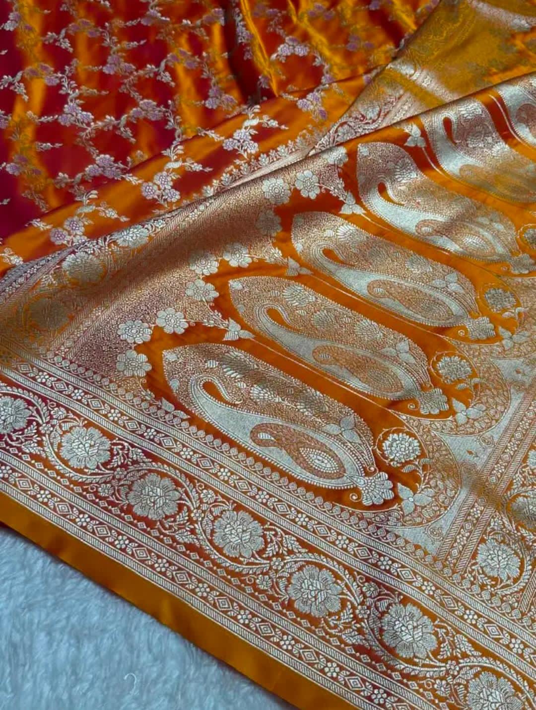 Orange Mashru Silk Zari Banarasi Border Jaal Saree