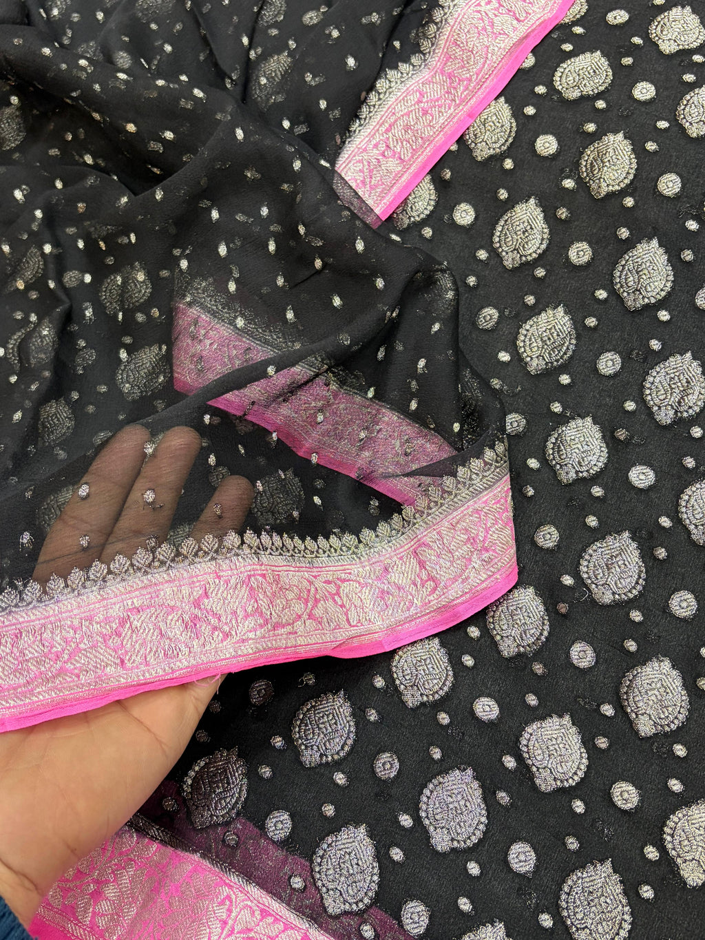 Pink & Black Pure Chiffon Suit Set