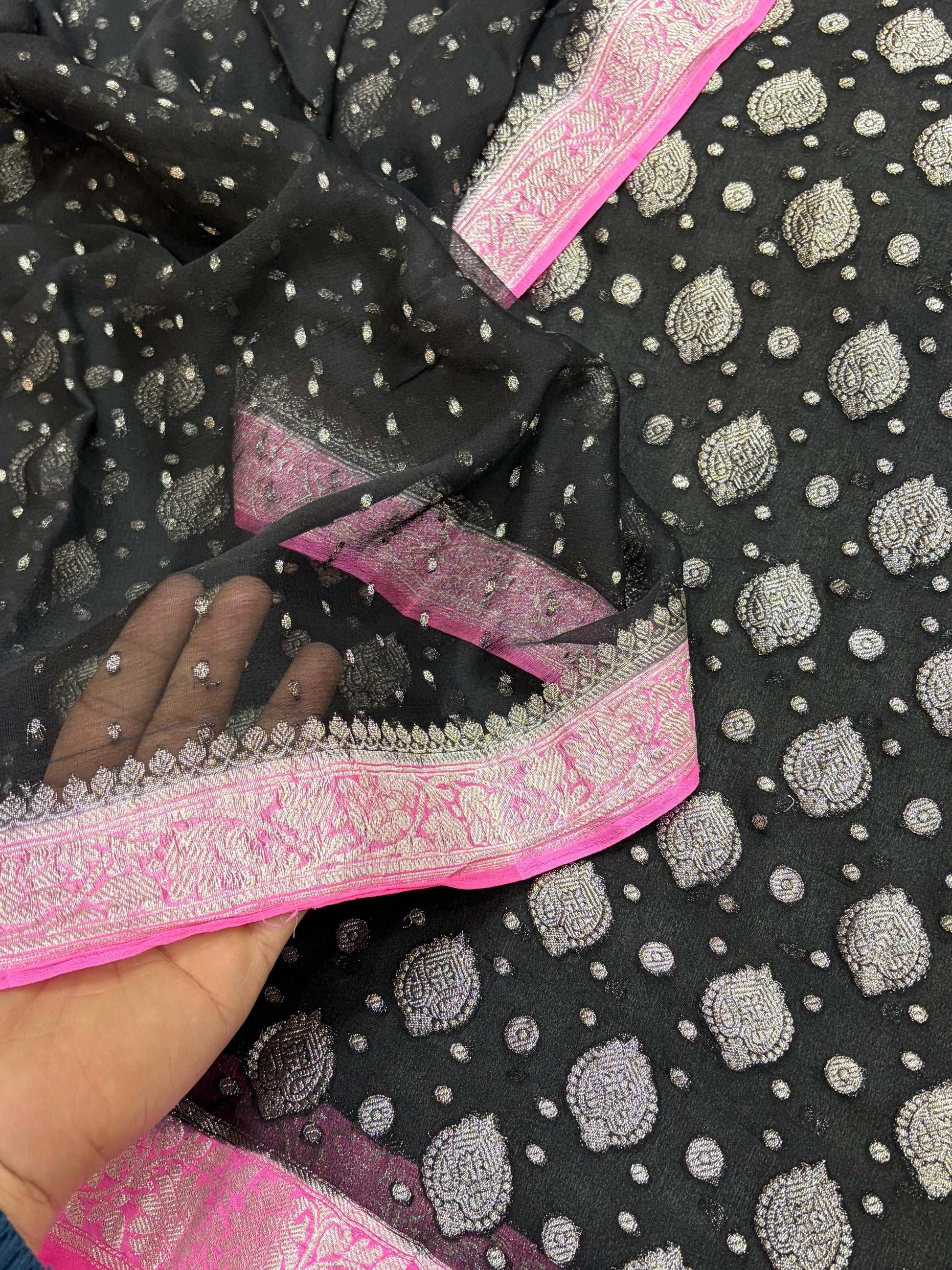 Pink & Black Pure Chiffon Suit Set
