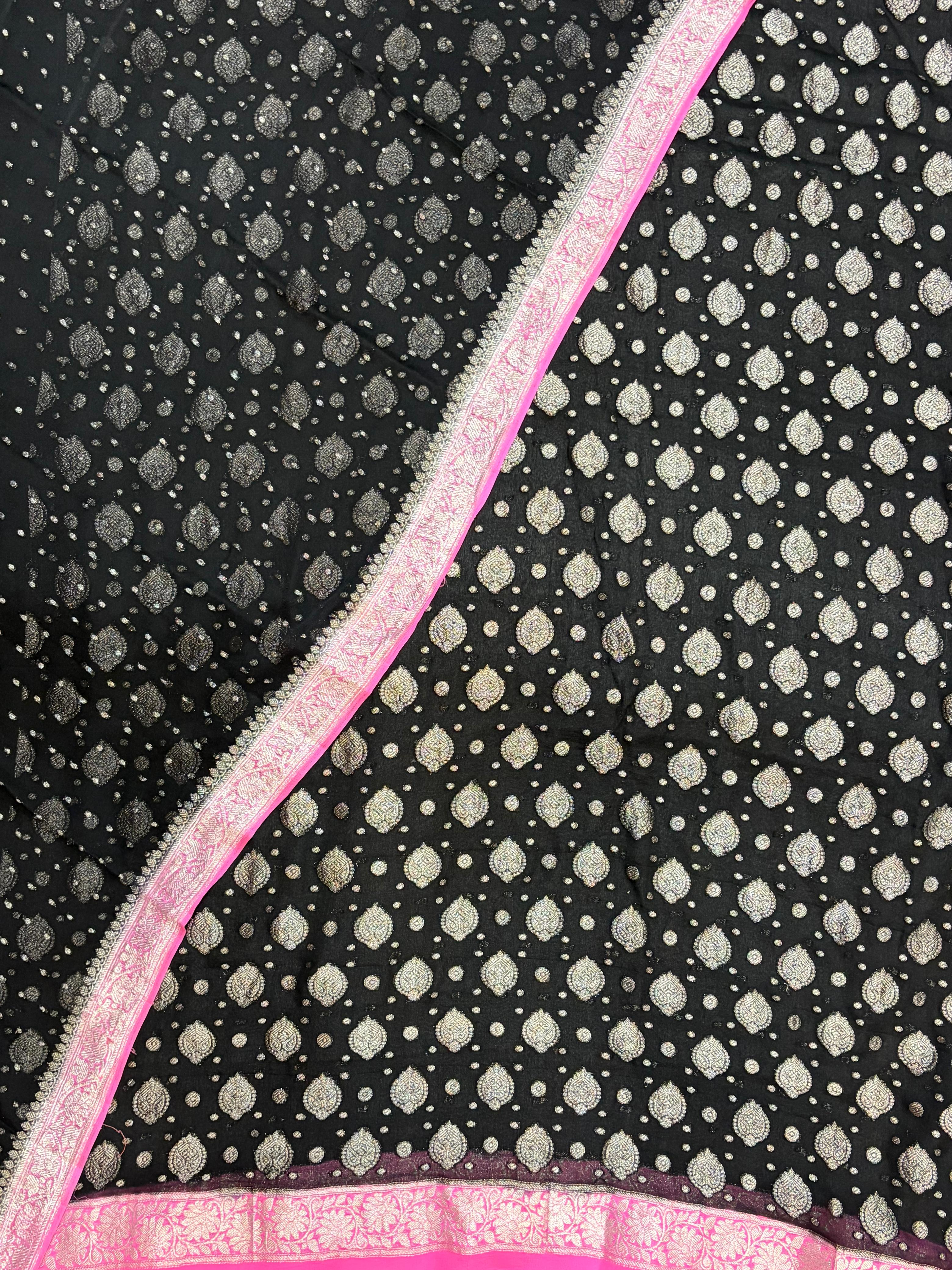 Pink & Black Pure Chiffon Suit Set