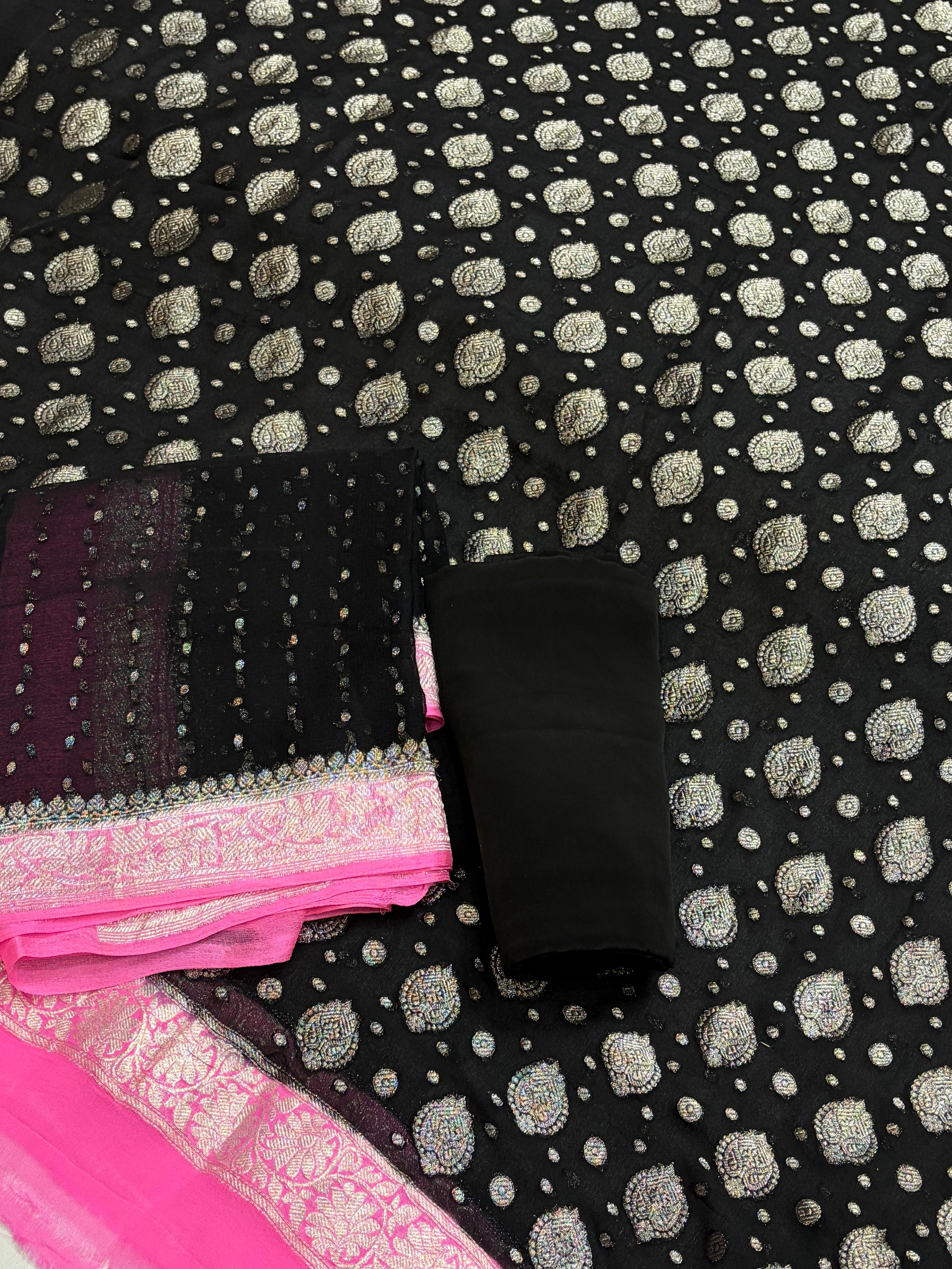 Pink & Black Pure Chiffon Suit Set