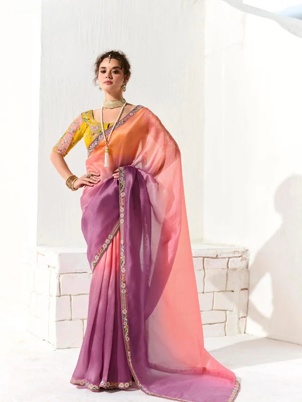 Ombre Orange Organza Tissue Saree with Embroidered Border