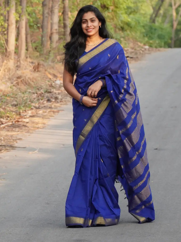 New Royal Blue Kalyani Cotton Silk Saree | Full Zari Butta | Self Zari Border & Pallu