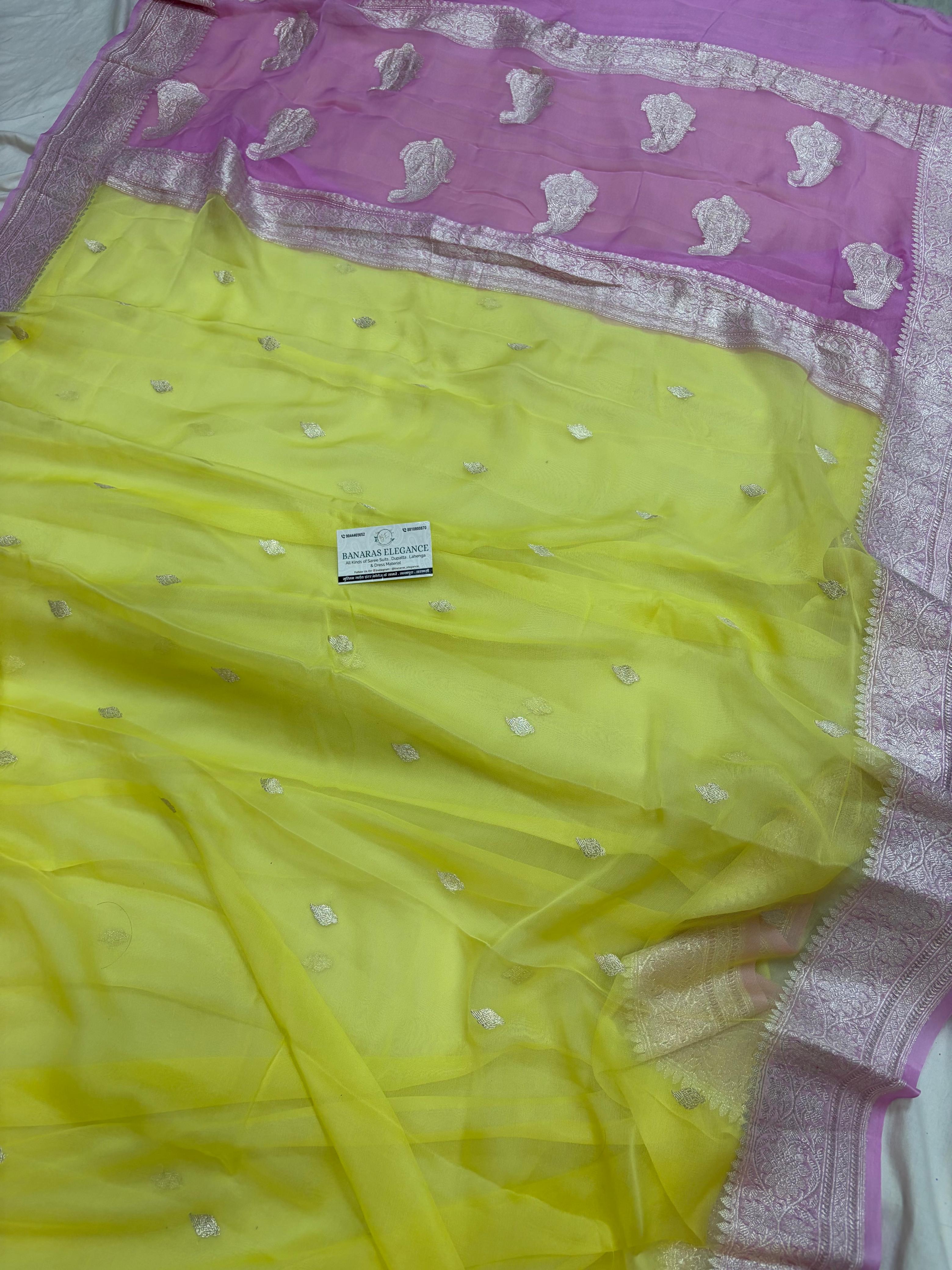 Lavender & Yellow Contrast Pure Khaddi Chiffon Banarasi Border Booti Saree