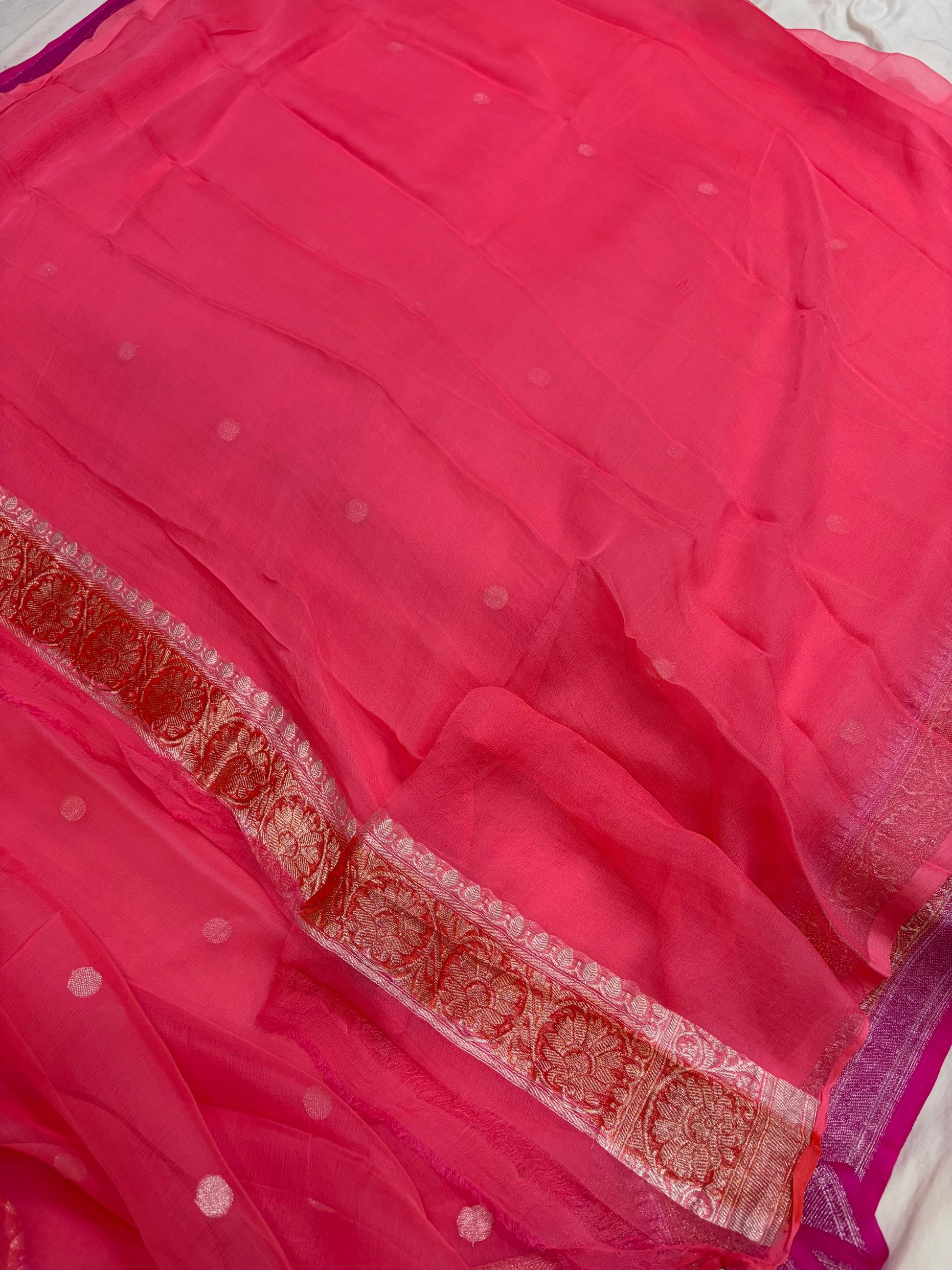 Red & Gajree Contrast Pure Khaddi Chiffon Banarasi Border Booti Saree