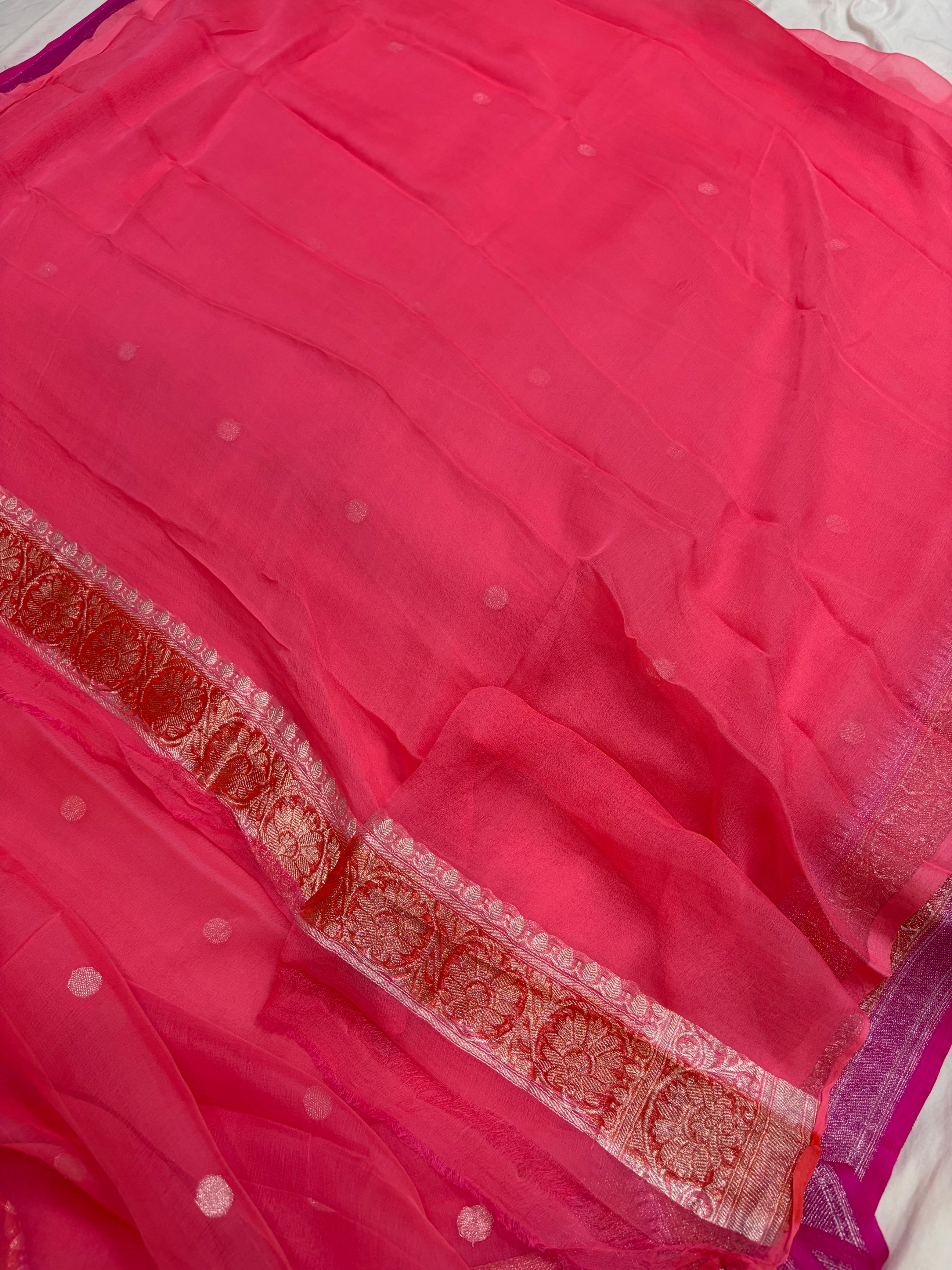 Red & Gajree Contrast Pure Khaddi Chiffon Banarasi Border Booti Saree