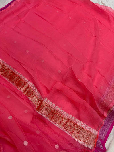 Red & Gajree Contrast Pure Khaddi Chiffon Banarasi Border Booti Saree