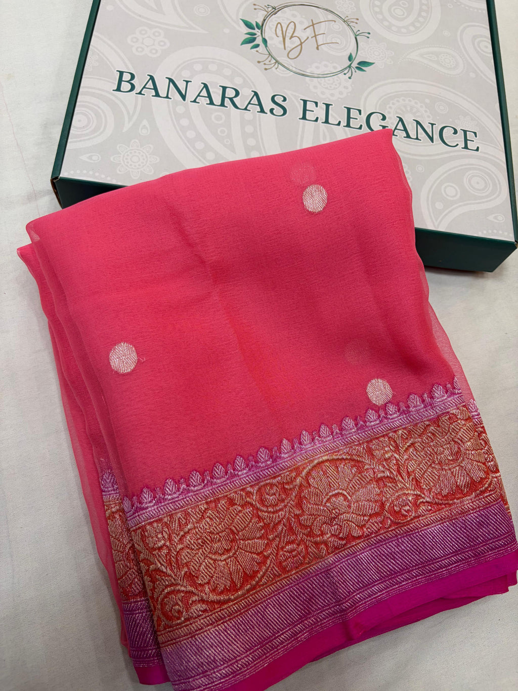 Red & Gajree Contrast Pure Khaddi Chiffon Banarasi Border Booti Saree