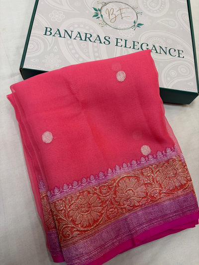 Red & Gajree Contrast Pure Khaddi Chiffon Banarasi Border Booti Saree