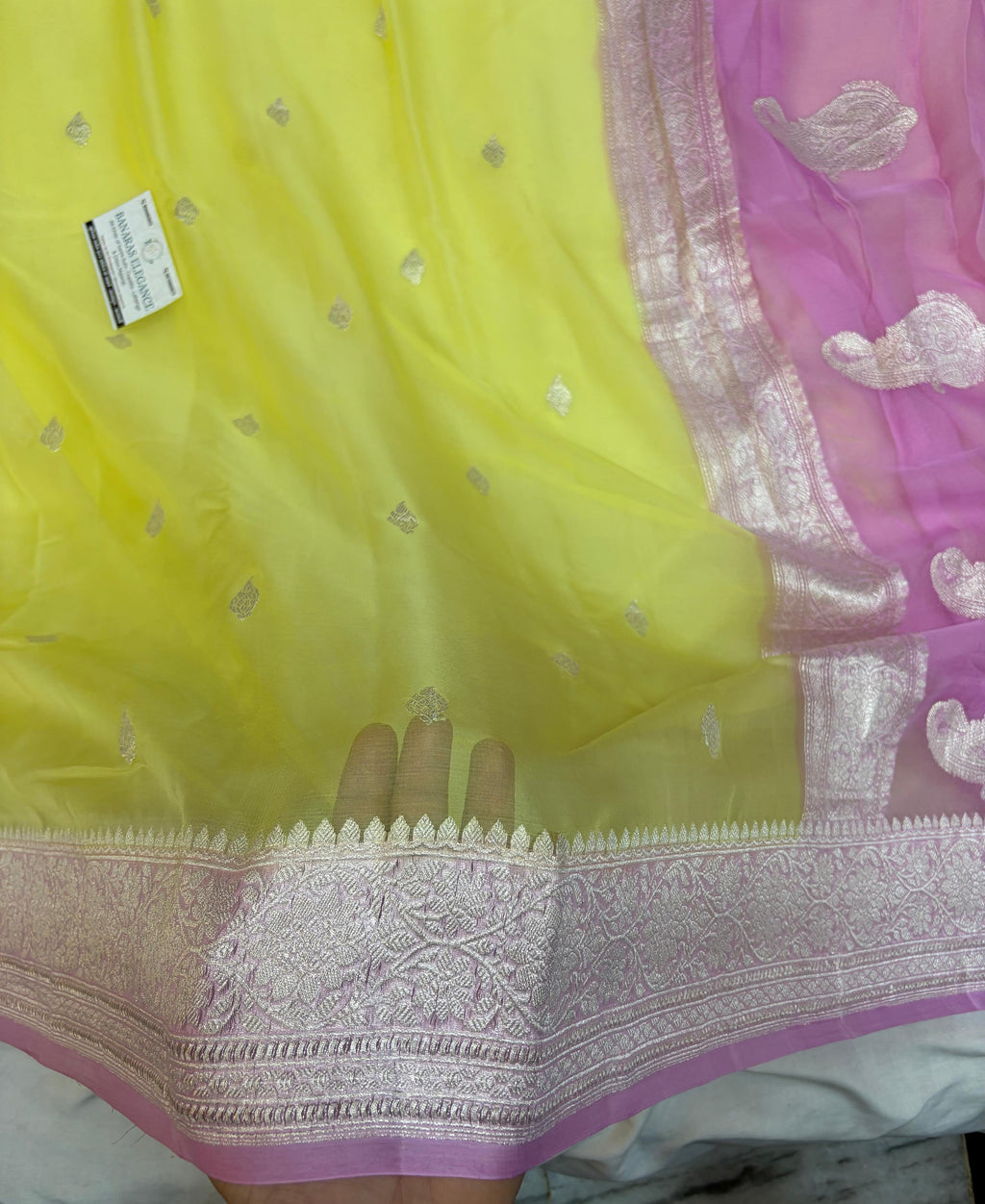 Contrast Pure Khaddi Chiffon Banarasi Border Booti Saree