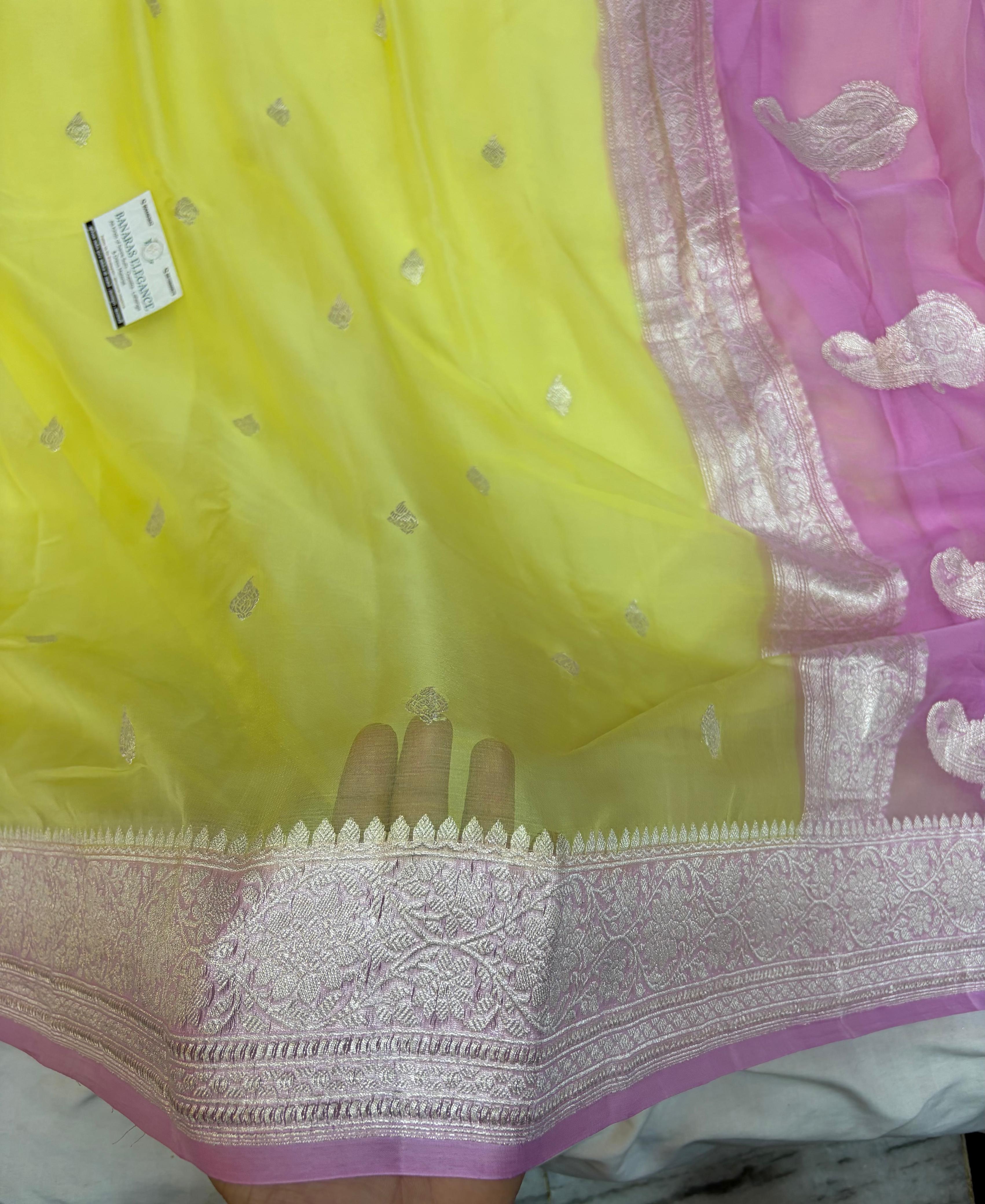 Lavender & Yellow Contrast Pure Khaddi Chiffon Banarasi Border Booti Saree