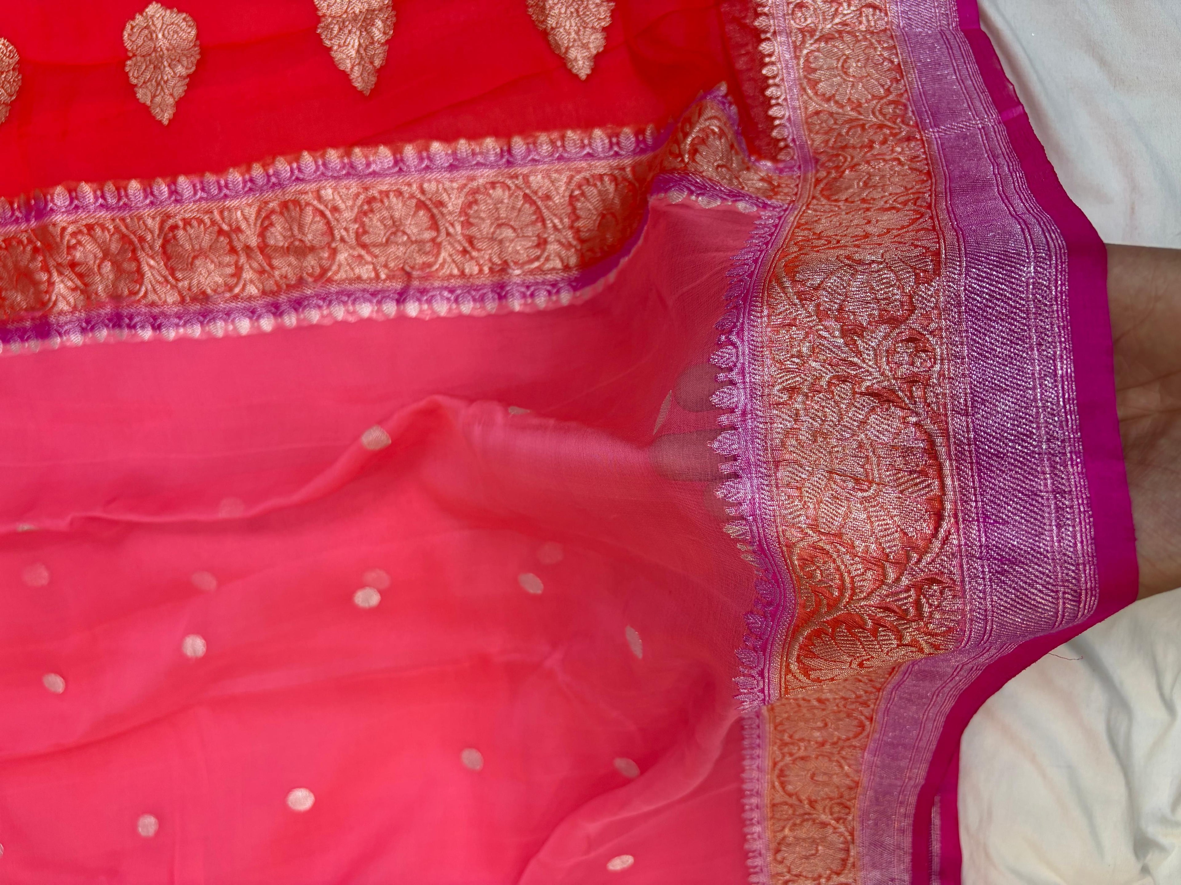 Red & Gajree Contrast Pure Khaddi Chiffon Banarasi Border Booti Saree