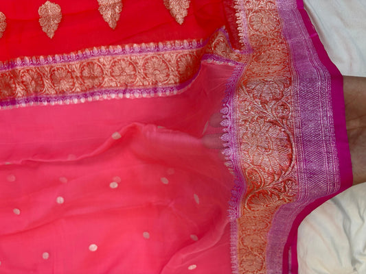 Red & Gajree Contrast Pure Khaddi Chiffon Banarasi Border Booti Saree