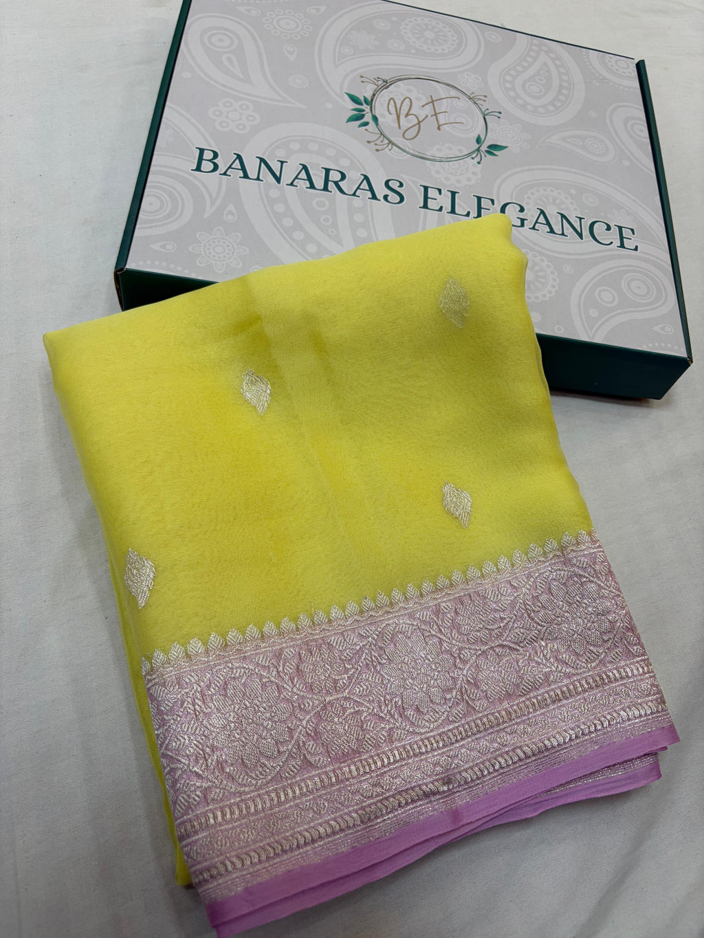 Contrast Pure Khaddi Chiffon Banarasi Border Booti Saree