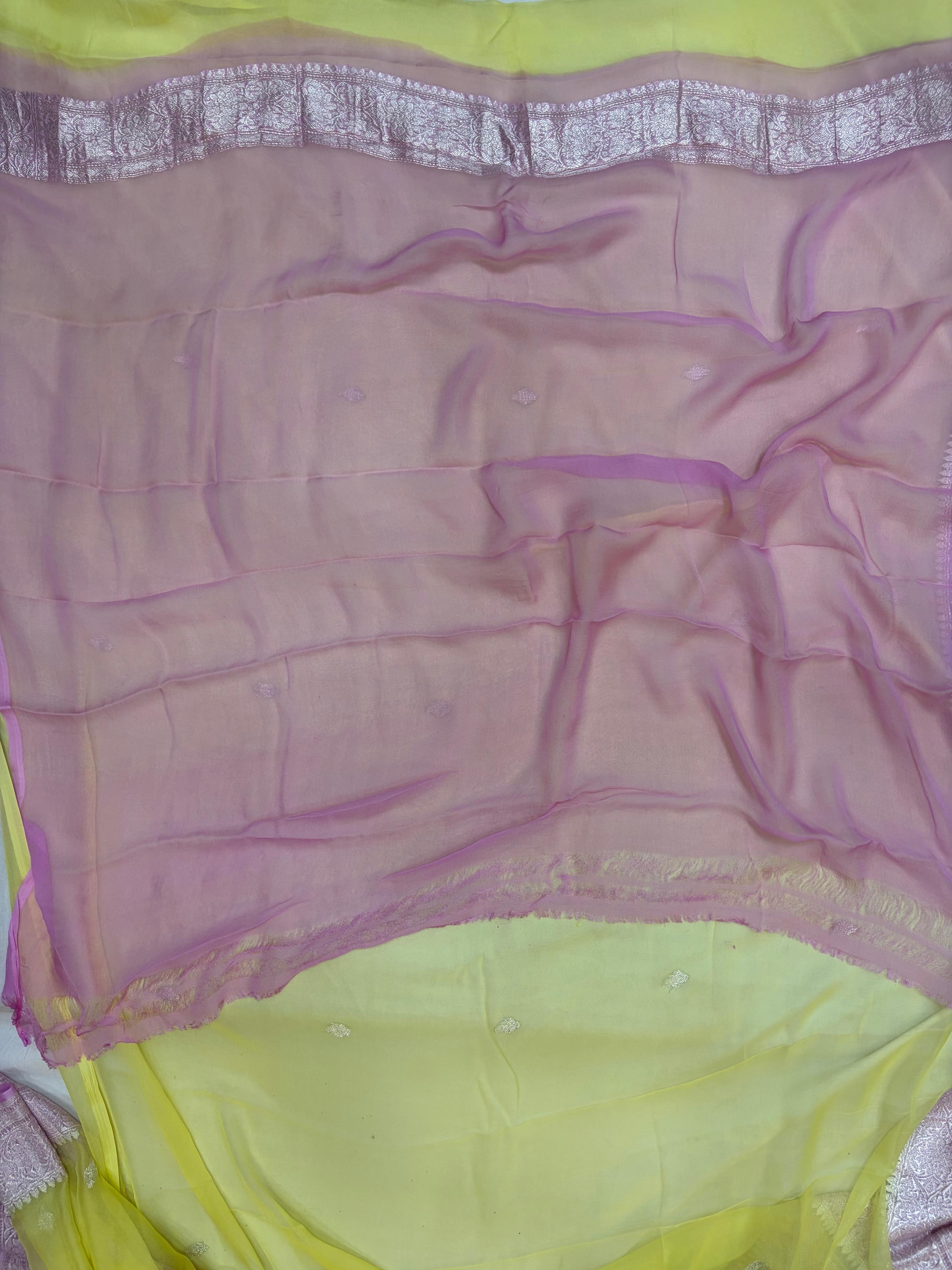 Lavender & Yellow Contrast Pure Khaddi Chiffon Banarasi Border Booti Saree