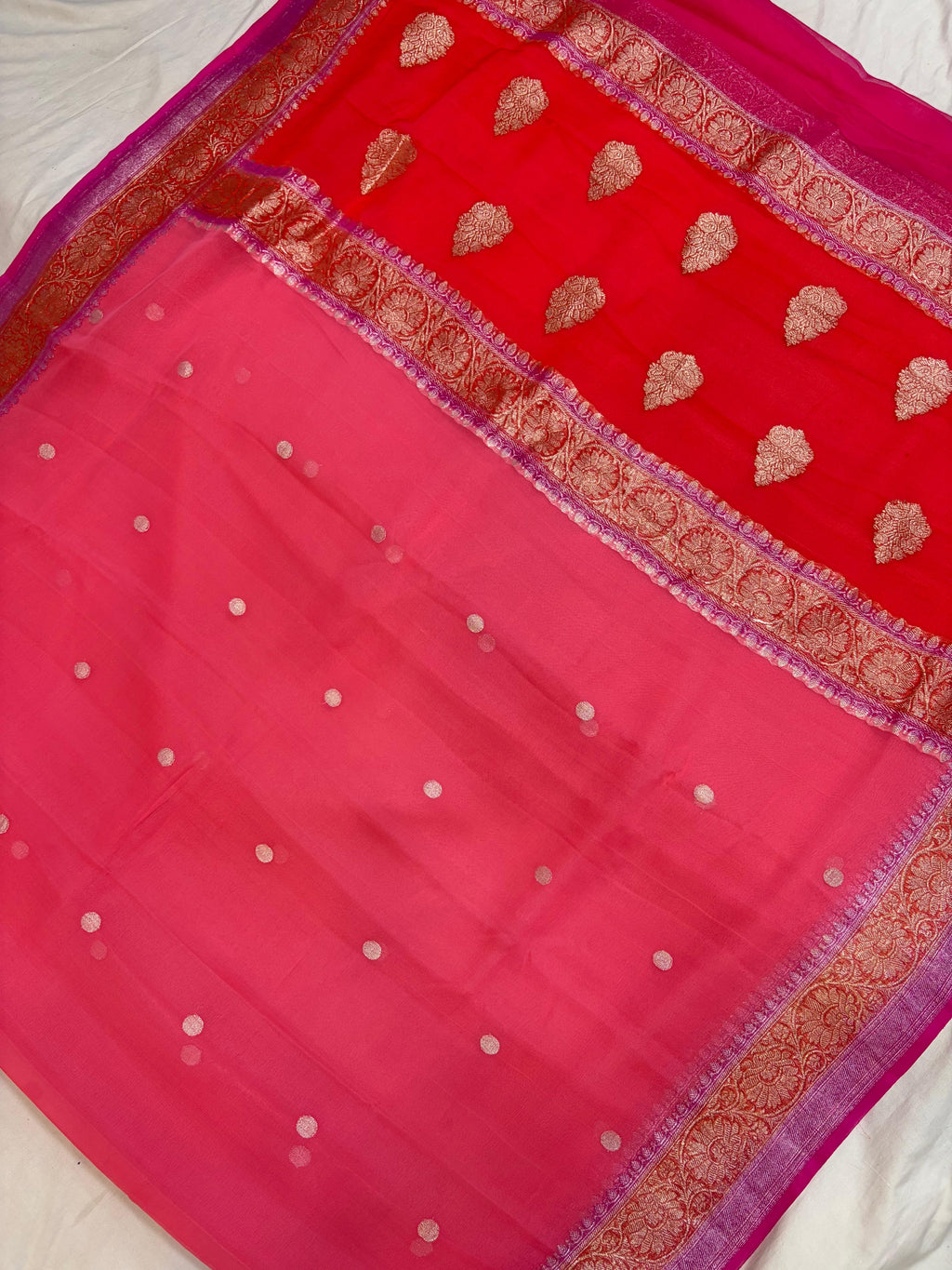 Red & Gajree Contrast Pure Khaddi Chiffon Banarasi Border Booti Saree