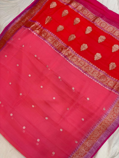 Red & Gajree Contrast Pure Khaddi Chiffon Banarasi Border Booti Saree