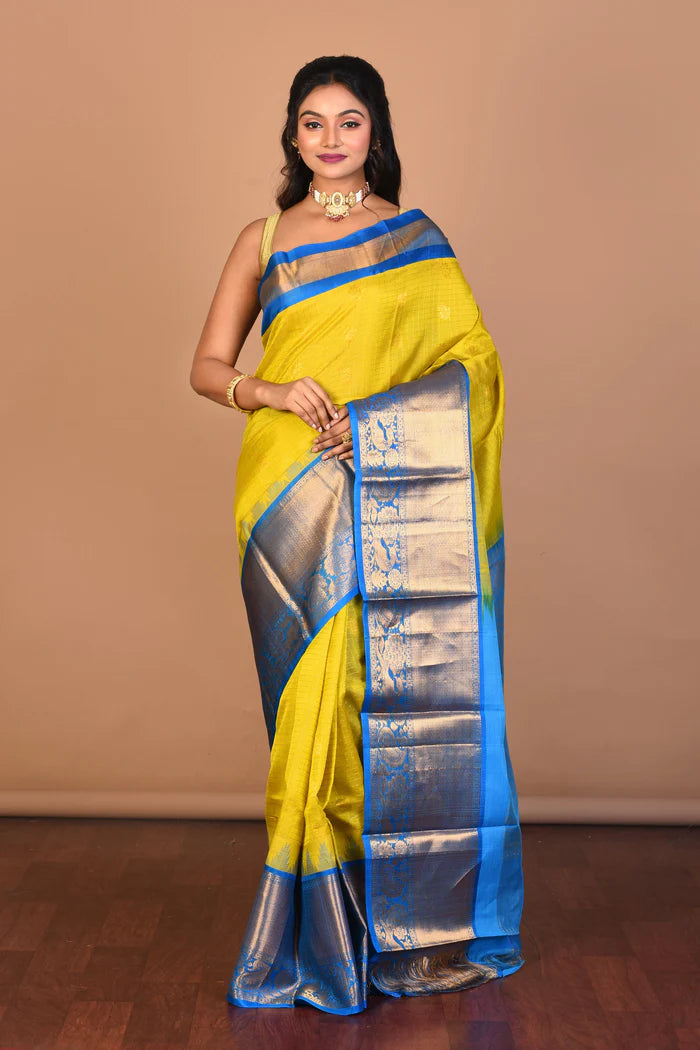 Bright Yellow Pure Mangalgiri Silk Saree with Blouse Piece
