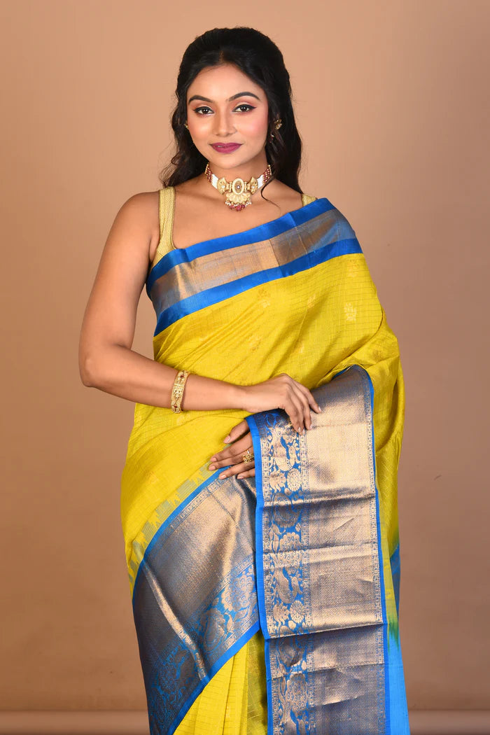 Bright Yellow Pure Mangalgiri Silk Saree with Blouse Piece