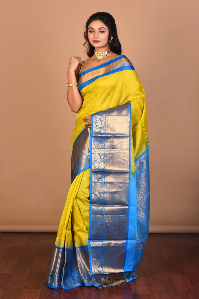 Bright Yellow Pure Mangalgiri Silk Saree with Blouse Piece