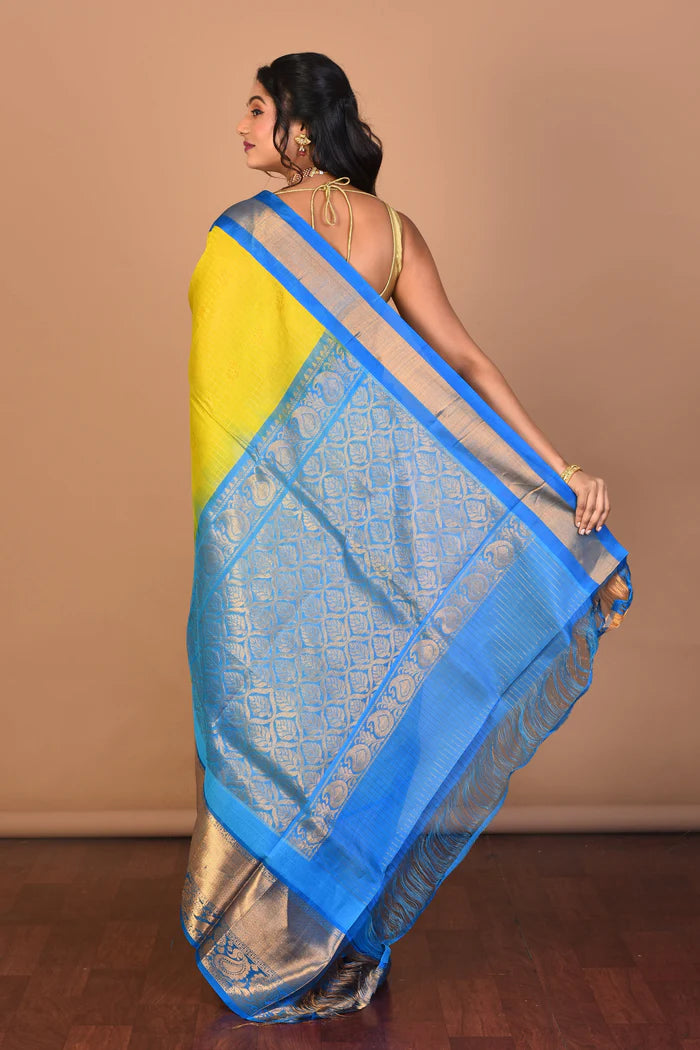 Bright Yellow Pure Mangalgiri Silk Saree with Blouse Piece