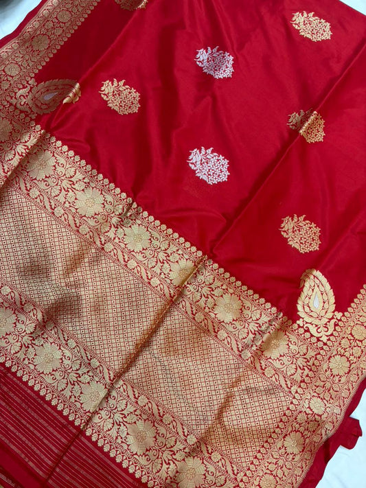 Pure Katan Silk Zari Banarasi Border Sona Rupa Buta Saree