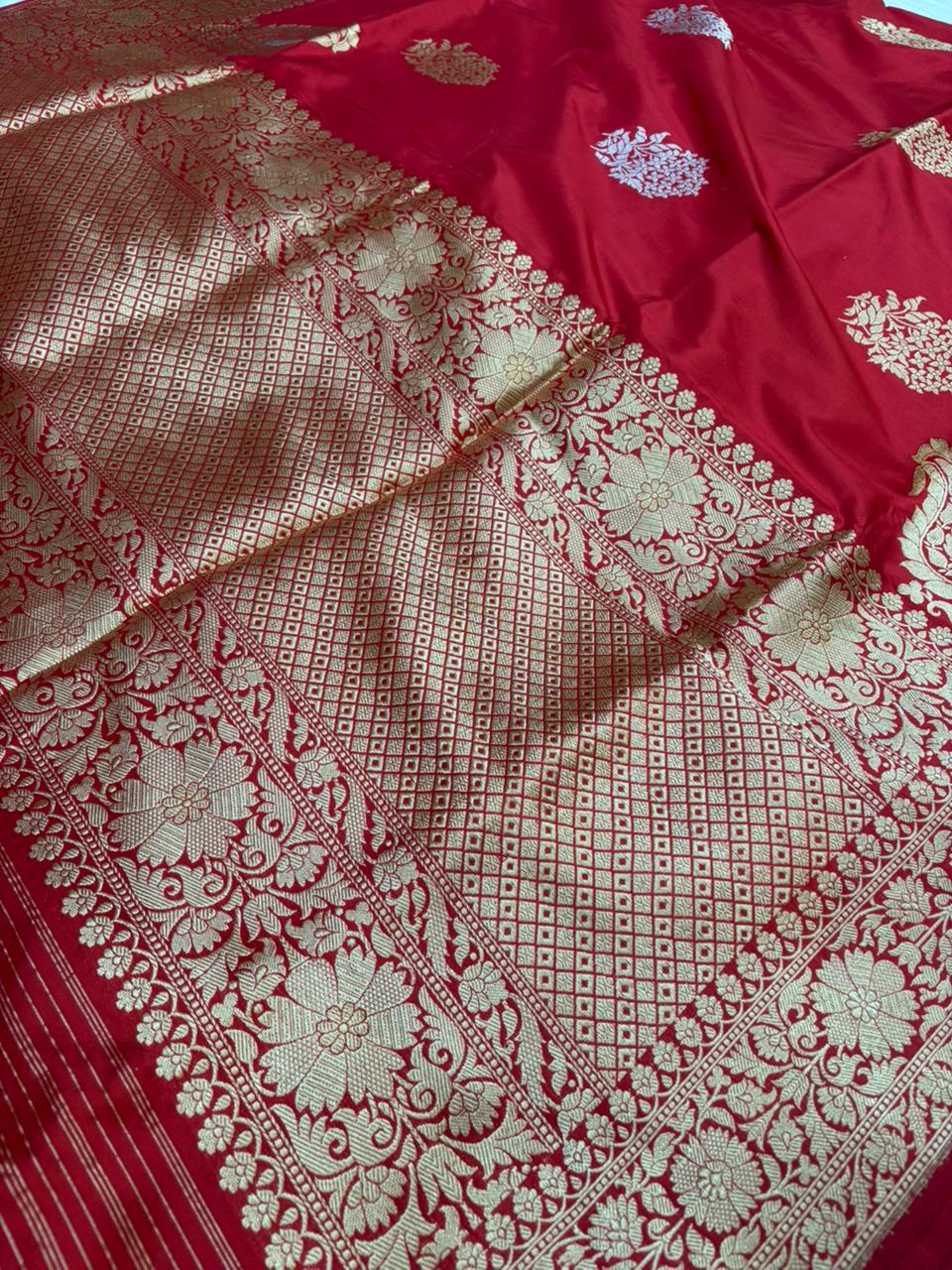 Pure Katan Silk Zari Banarasi Border Sona Rupa Buta Saree