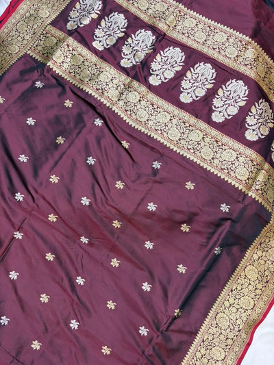Garnet Pure Katan Silk Zari Banarasi Border Sona Rupa Buti Saree