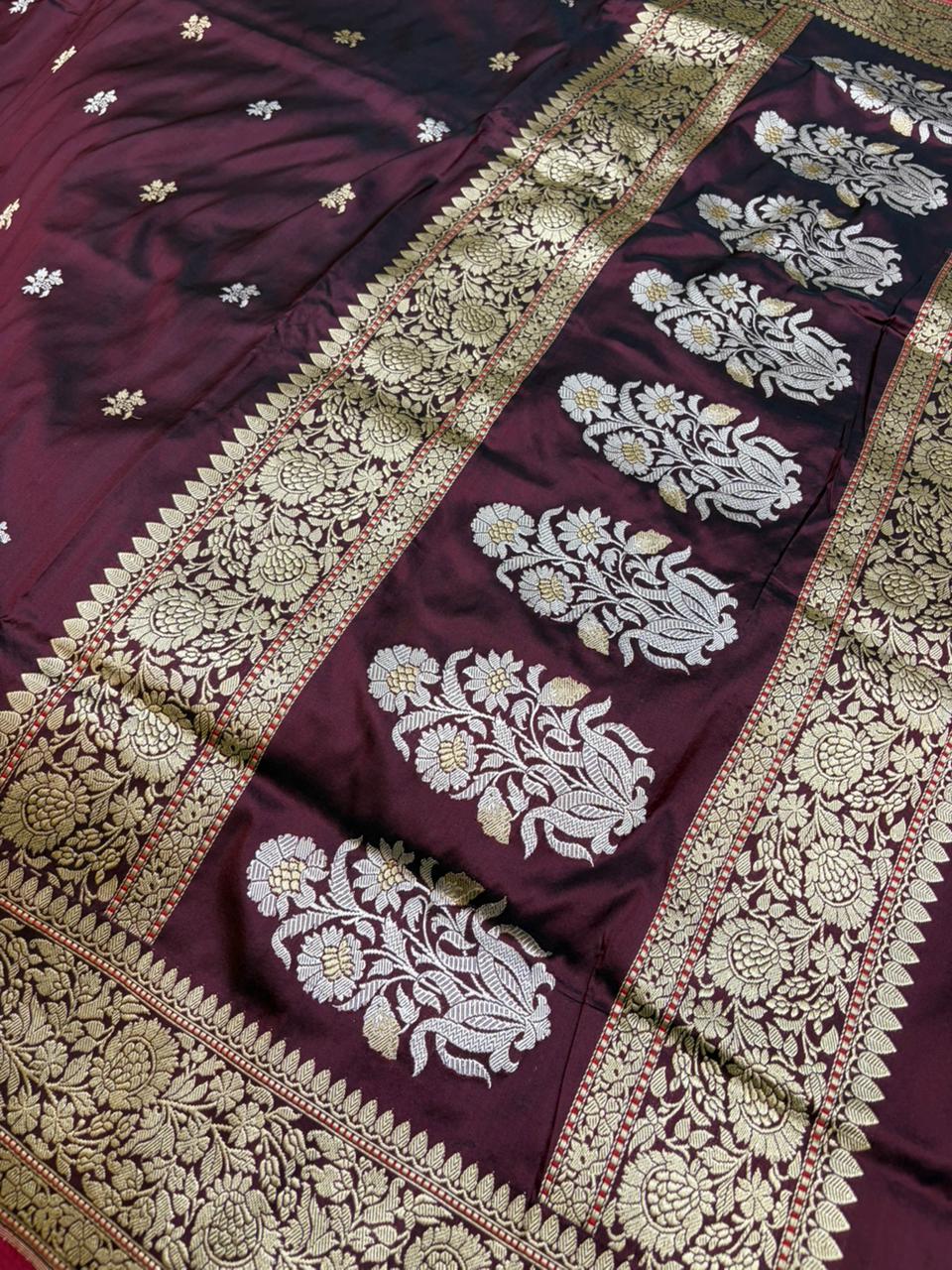Garnet Pure Katan Silk Zari Banarasi Border Sona Rupa Buti Saree