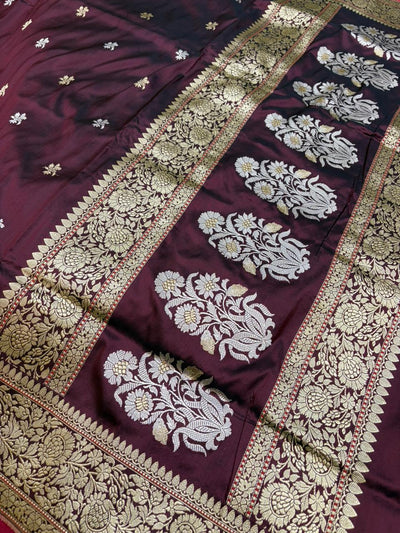 Garnet Pure Katan Silk Zari Banarasi Border Sona Rupa Buti Saree