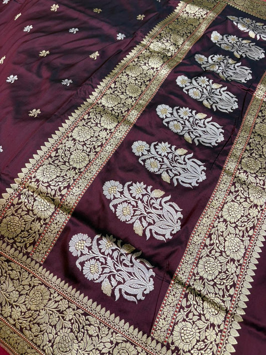 Garnet Pure Katan Silk Zari Banarasi Border Sona Rupa Buti Saree
