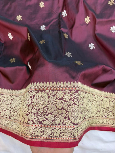 Garnet Pure Katan Silk Zari Banarasi Border Sona Rupa Buti Saree