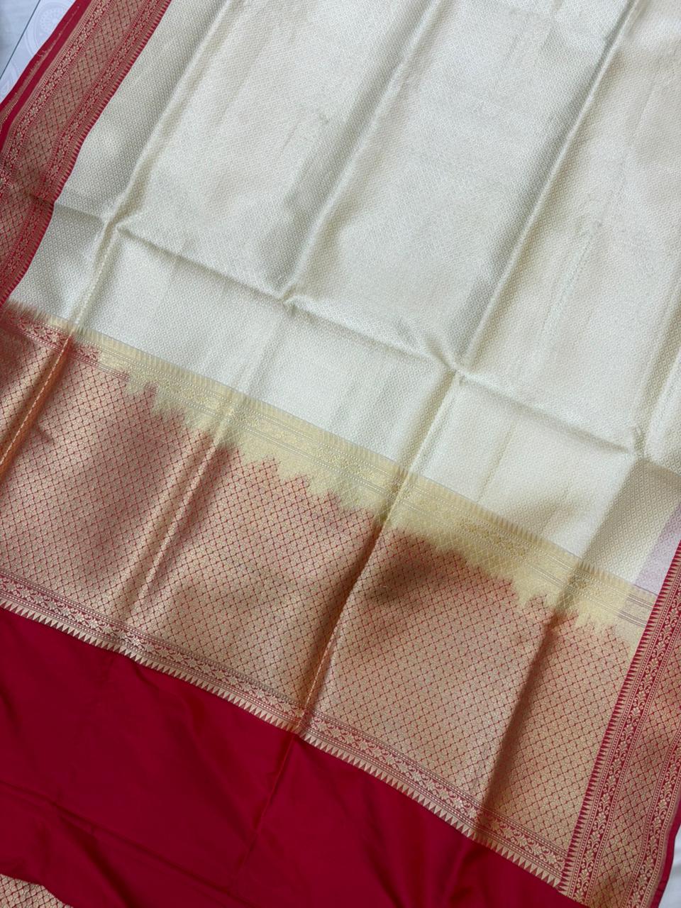 Red & Cream Contrast Pure Katan Silk Banarasi Zari Border Plain Saree
