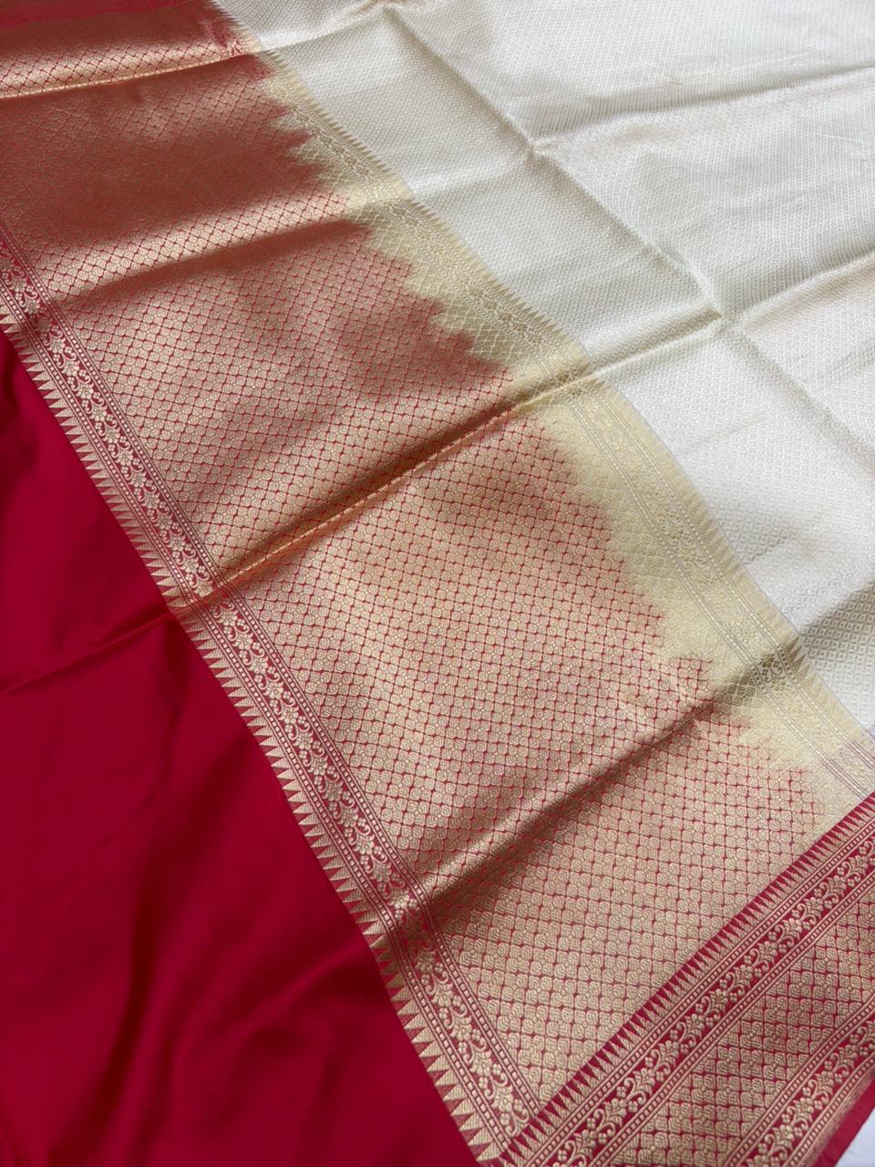 Red & Cream Contrast Pure Katan Silk Banarasi Zari Border Plain Saree
