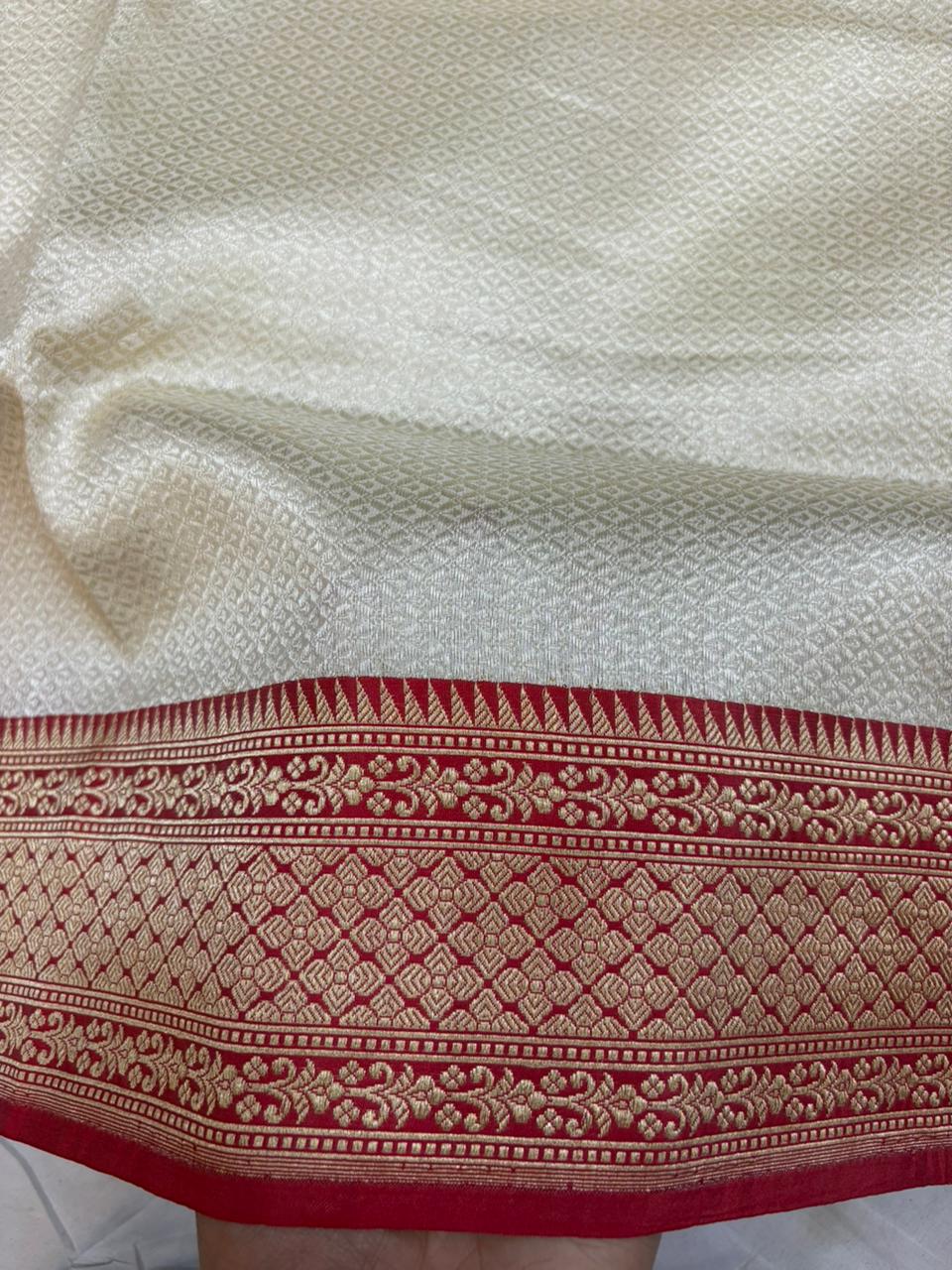 Red & Cream Contrast Pure Katan Silk Banarasi Zari Border Plain Saree