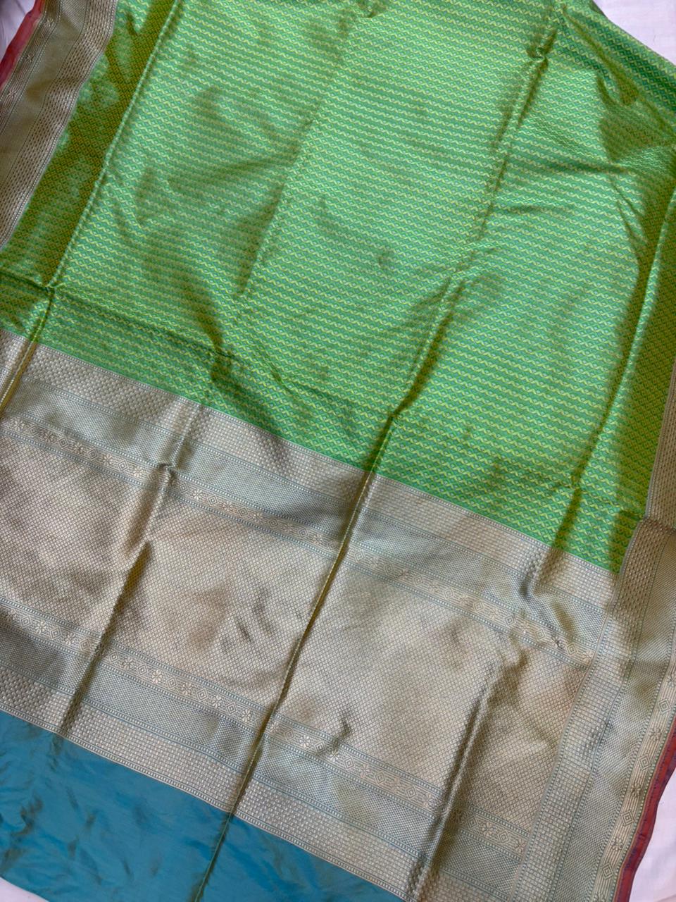 Green Pure Katan Silk Banarasi Zari Border Stripe Design Saree