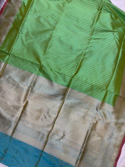 Green Pure Katan Silk Banarasi Zari Border Stripe Design Saree