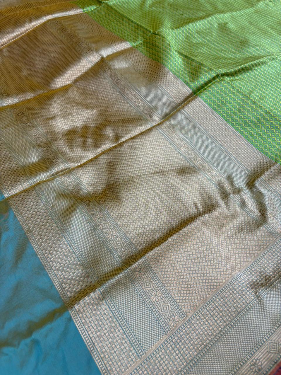Green Pure Katan Silk Banarasi Zari Border Stripe Design Saree