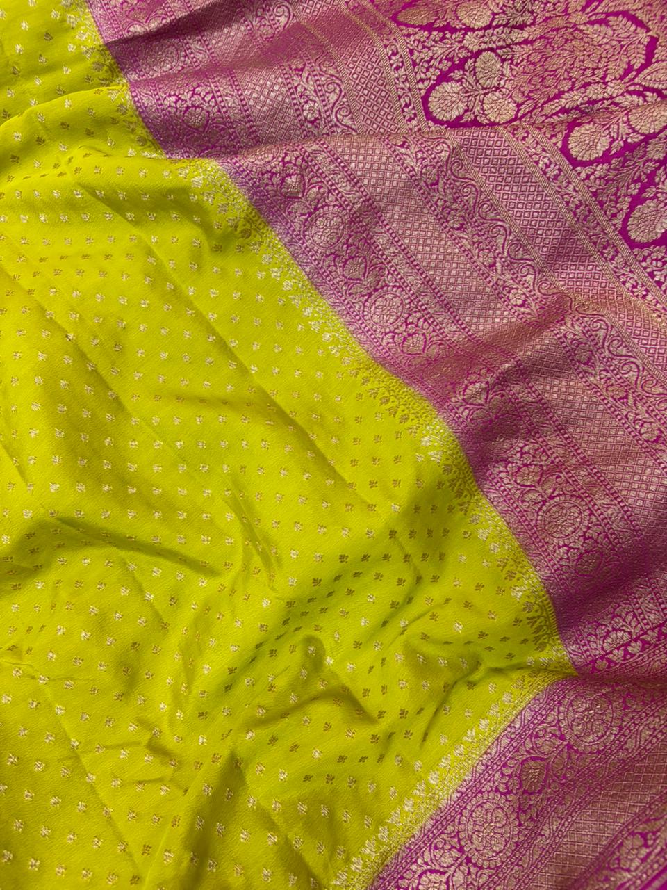 Rani & Pista Contarast Pure Crape Silk Banarasi Zari Border Buti Design Saree