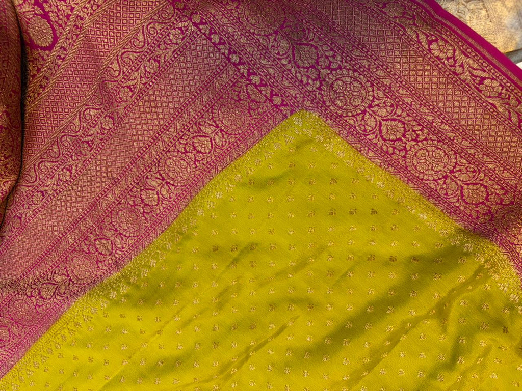 Rani & Pista Contarast Pure Crape Silk Banarasi Zari Border Buti Design Saree