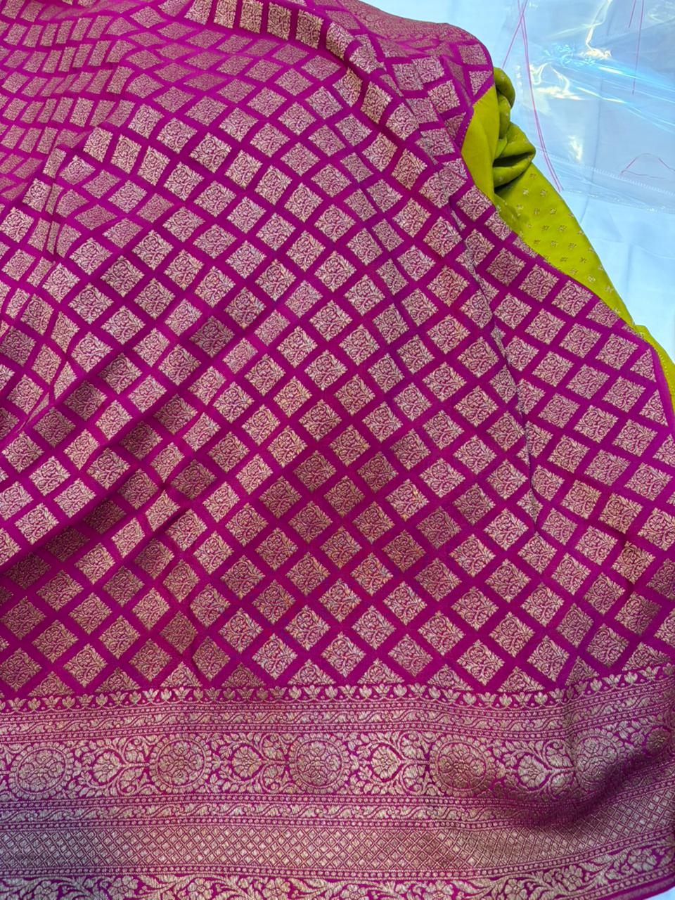 Rani & Pista Contarast Pure Crape Silk Banarasi Zari Border Buti Design Saree