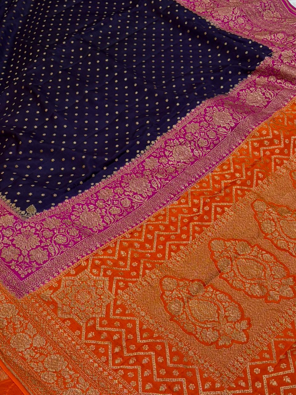 Contarast Pure Crape Silk Banarasi Zari Border Buti Design Saree