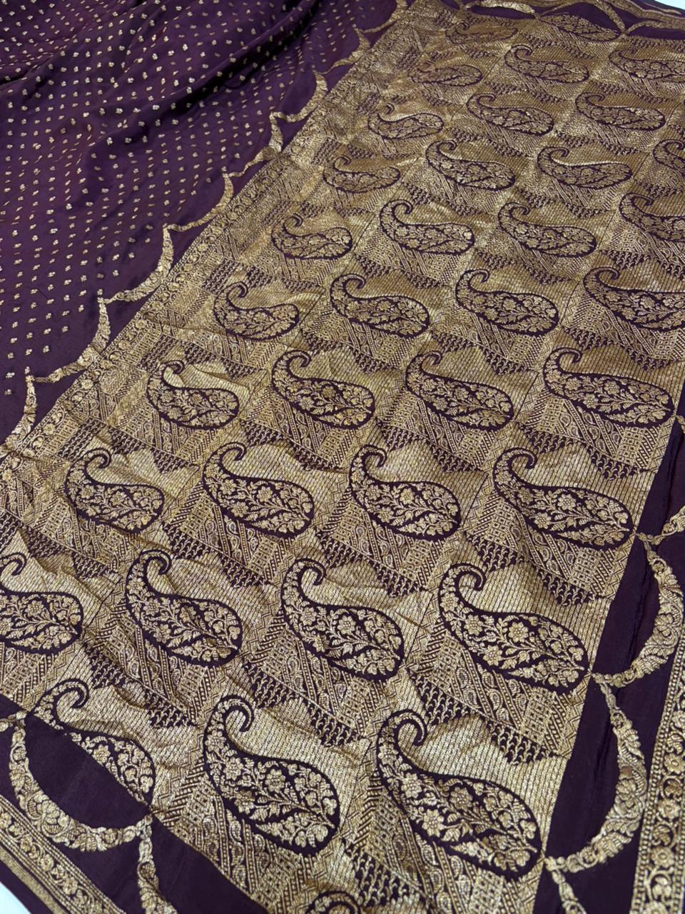 Garnet Pure Crape Silk Banarasi Zari Border Buti Design Saree