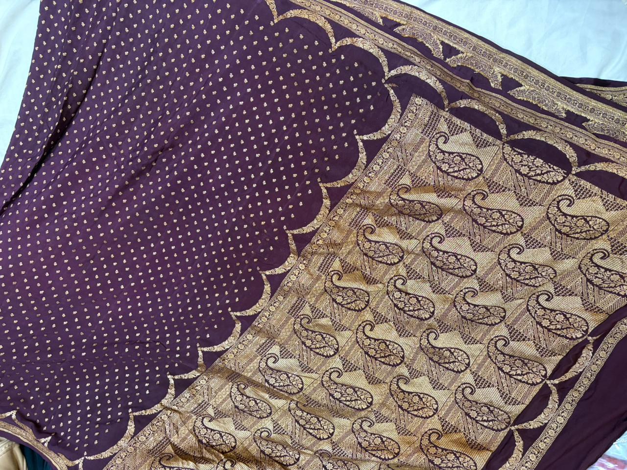 Garnet Pure Crape Silk Banarasi Zari Border Buti Design Saree