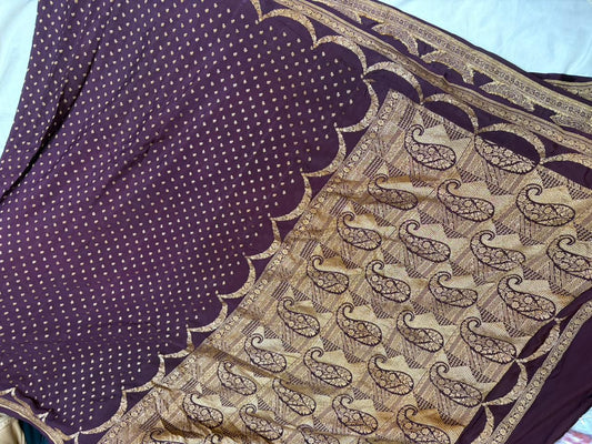 Garnet Pure Crape Silk Banarasi Zari Border Buti Design Saree