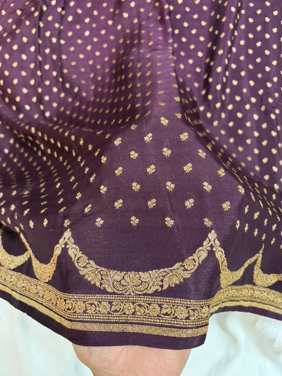 Garnet Pure Crape Silk Banarasi Zari Border Buti Design Saree