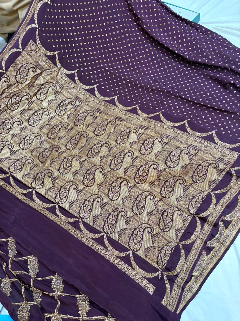 Garnet Pure Crape Silk Banarasi Zari Border Buti Design Saree