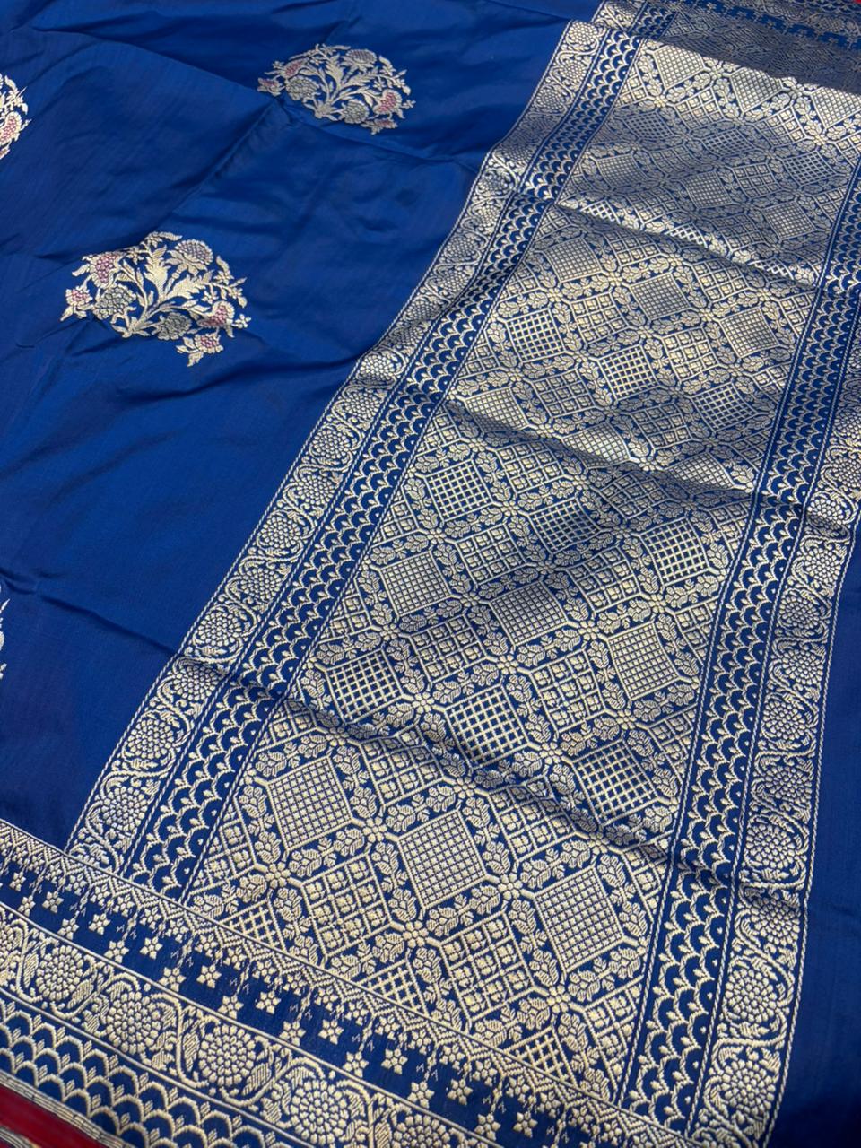 Royal Blue Pure Katan Silk Banarasi Zari Border Mina Buta Saree