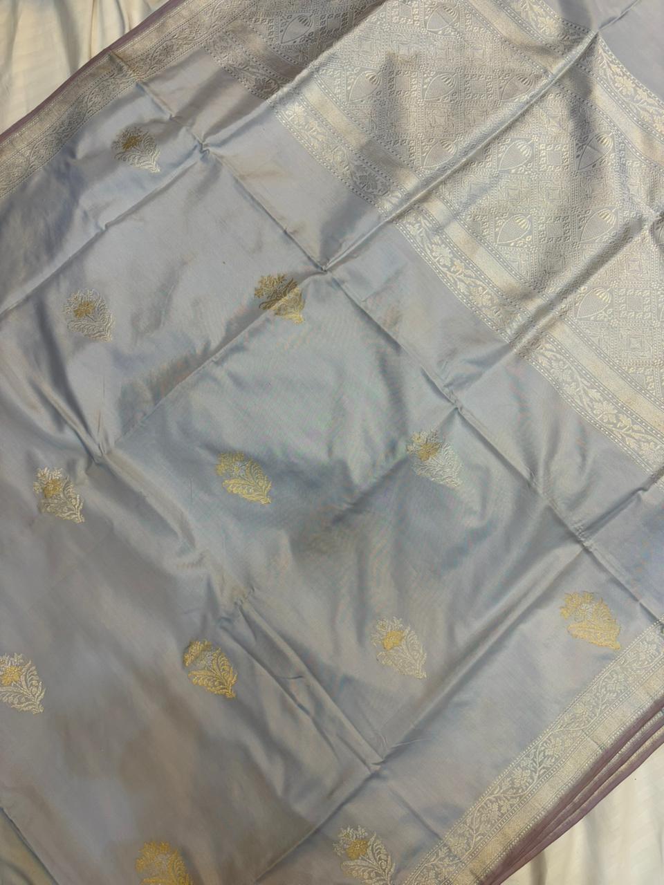 Grey Pure Katan Silk Banarasi Zari Border Sona Rupa Buta Saree
