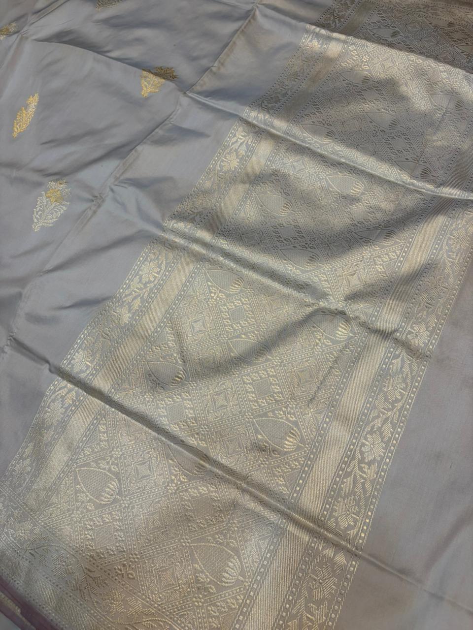 Grey Pure Katan Silk Banarasi Zari Border Sona Rupa Buta Saree